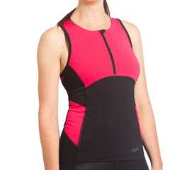Triathlon Oberteil in frischem Pink, schwarzen glänzend abgesetzt. Aus ECONYL® 100% recyceltem Polyamid.